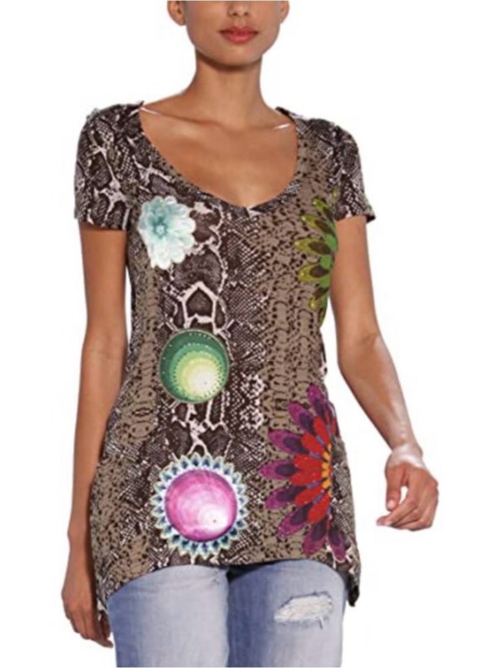 Desigual “Romina” Short Sleeve Tunic in Brown Snake Print with Floral Accents